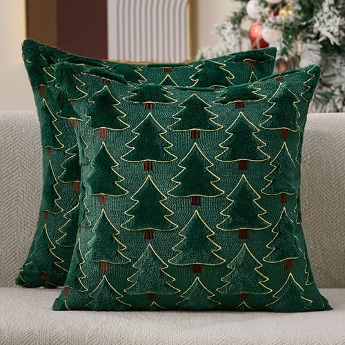 Image of Allorry Christmas Pillow Covers 20x20 inch Set of 2 Christmas Decorations Soft Plush Faux Fur Wool Green Christmas Tree Throw Pillow Cases Winter Holiday Decor for Sofa Living Room PT-012A20