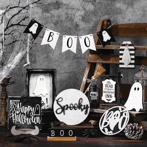 19 Pcs Tiered Tray Decor - Cute Ghost Tray, Wooden Signs, Bead Garland - Farmhouse Rustic Halloween Decorations for Home Table Party Supplies - Image 6