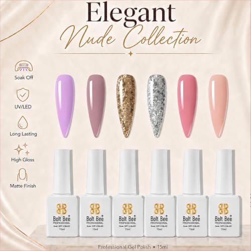 Image of Bolt Bee Gel Polish Kit, 6 Colors Light Soft Sakura White Nude Spring Soak off Nail Art Design Manicure Kit at Home (08)