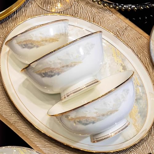 Zestaw zastawy stołowej, 30 sztuk luksusowej porcelanowej zastawy stołowej dla 6 osób, nadaje się do kuchenki mikrofalowej i piekarnika, zawiera naczynia, miski do ryżu, łyżki i pałeczki