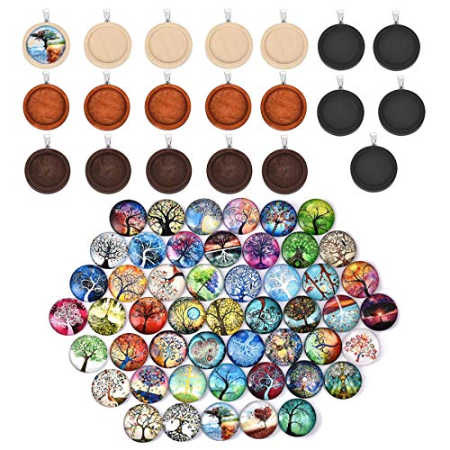 DROLE 120Pcs Wooden Cabochon Settings Kit - 100Pcs 25mm Tree of Life Glass Dome Cabochons and 20Pcs 25mm Wood Pendant Tray Bezels for Jewelry Making