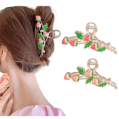 ITingstere Hair Clip 2Pcs Cute Strawberry Metal Hair Claw Strong Non Slip Hold Hair Jaw Pink Acetate Hair Clips Accessories for Women and Teens Fashion Hair Supplies