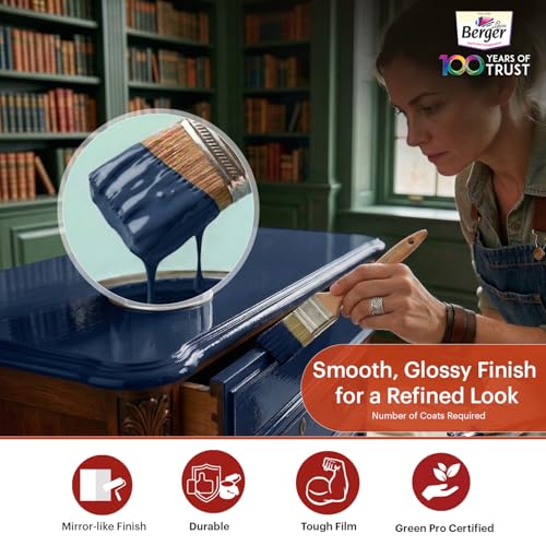 Image of BERGER Luxol Hi-Gloss Enamel Paint | Oil-Based | Mirror Like Durable Weather Resistant High Gloss Finish |for Interior & Exterior Wall Wood Metal Surfaces |Green Pro Certified (500mL,Oxford Blue)
