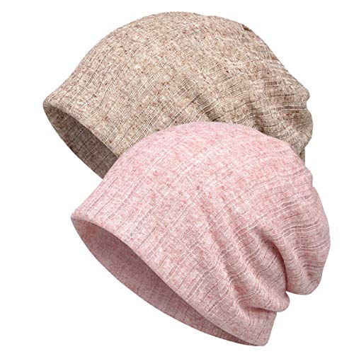 AWAYTR - AWAYTR Women Beanie Chemo Hats - Scarf Cap Headwear Turban Cancer Hats, 2 PCS (Solid Color-Pink/Khaki)