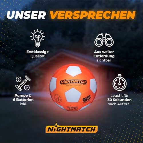 NIGHTMATCH LED Leuchtfußball | fußball | Offizielle Größe 3 | Wasserdicht | Im Dunkeln leuchten | Fussball Kinder & Erwachsene | Leuchtender Fußball | Für Drinnen & Draußen