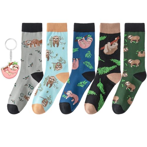 Image of 5 Pairs Cute Animal Crew Socks Fun Casual Cotton Calf Socks for Women (US, Alpha, One Size, Regular, Regular, Sloth)