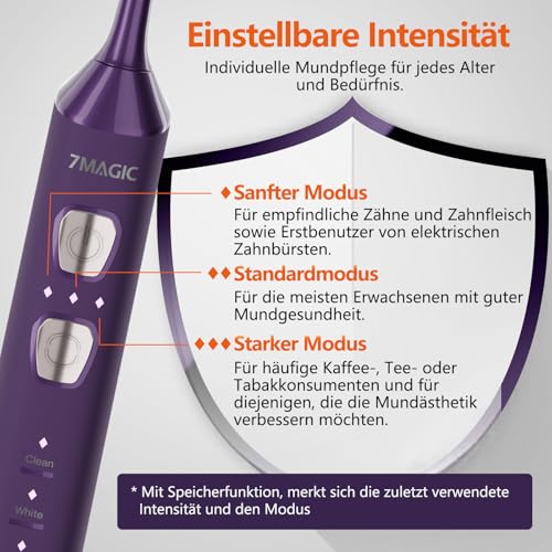 Elektrische Zahnbürste, Schallzahnbürste, Zahnbürste Mit 180 Tagen Akkulaufzeit Und Timer, 3 Intensitäten, 5 Modi, 40000 VPM, IPX7, lila