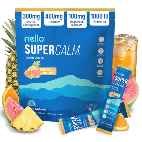 Image of Nello Supercalm Powdered Drink Mix, Cortisol Reducer* and Sleep Aid Supplement, L Theanine, Ksm-66 Ashwagandha, Magnesium Glycinate, Vitamin D 3, No Sugar, Non GMO, 20 Ct, Tropical Tangerine
