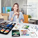 KALOUR 135 Set de dessin Kit de croquis, fournitures d'art avec 3-color Livre de croquis & Papier colorant, y compris le tutoriel, à base d'huile, le néon,Graphite, Charbon, Aquarelle & Crayon métallique, pour artiste Adultes Débutant
