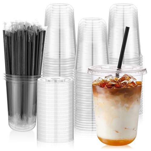 tchrules 100 Set 16oz Plastic Cups with Lids and Straws Disposable Clear Iced Coffee Cup with Lid Round Bottom Plastic To Go Cups for Cold Drinks Slushie Smoothie Lemonade Matcha Party Shop Supplies