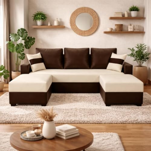 Image of STRIKON Dual Tone 5 Seater L Shape Leatherette Sofa Set with 2 Movable Ottomans | Flexible Layout | Premium Leatherette Upholstery | for Living Room & Office Space- Brown & Cream
