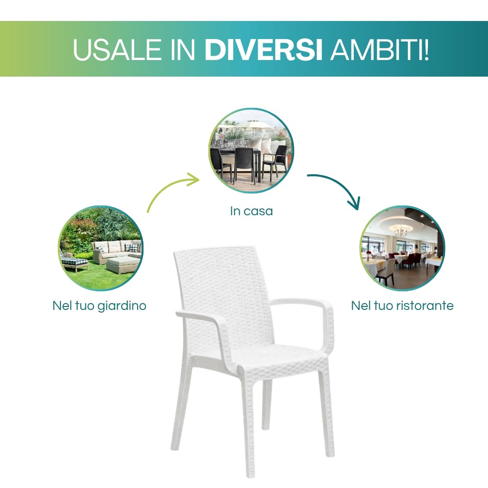 PALUPLUS Set 4 Sedie da Giardino con Braccioli in Polipropilene effetto Rattan colore BIANCO, misura 59x57x86 cm, Sedia Impilabile per Esterno ed Interno -VEROARM930F-18,8