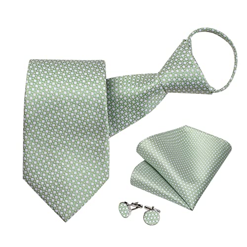 Image of DiBanGu Silk Zipper Ties for Men,Paisley Solid Plaid Pre-tied Tie and Pocket Square Cufflinks Set Formal Adjustable Necktie