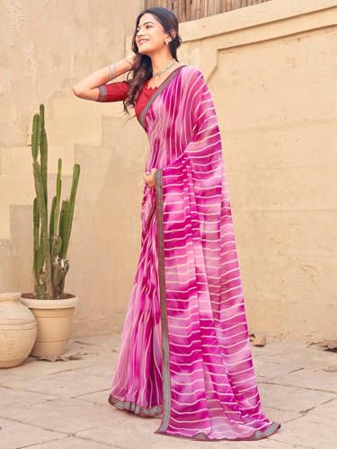 Image of SIRIL Women's Georgette Leheriya Printed Embroidery Lace Boarder Saree With Unstitched Blouse Piece