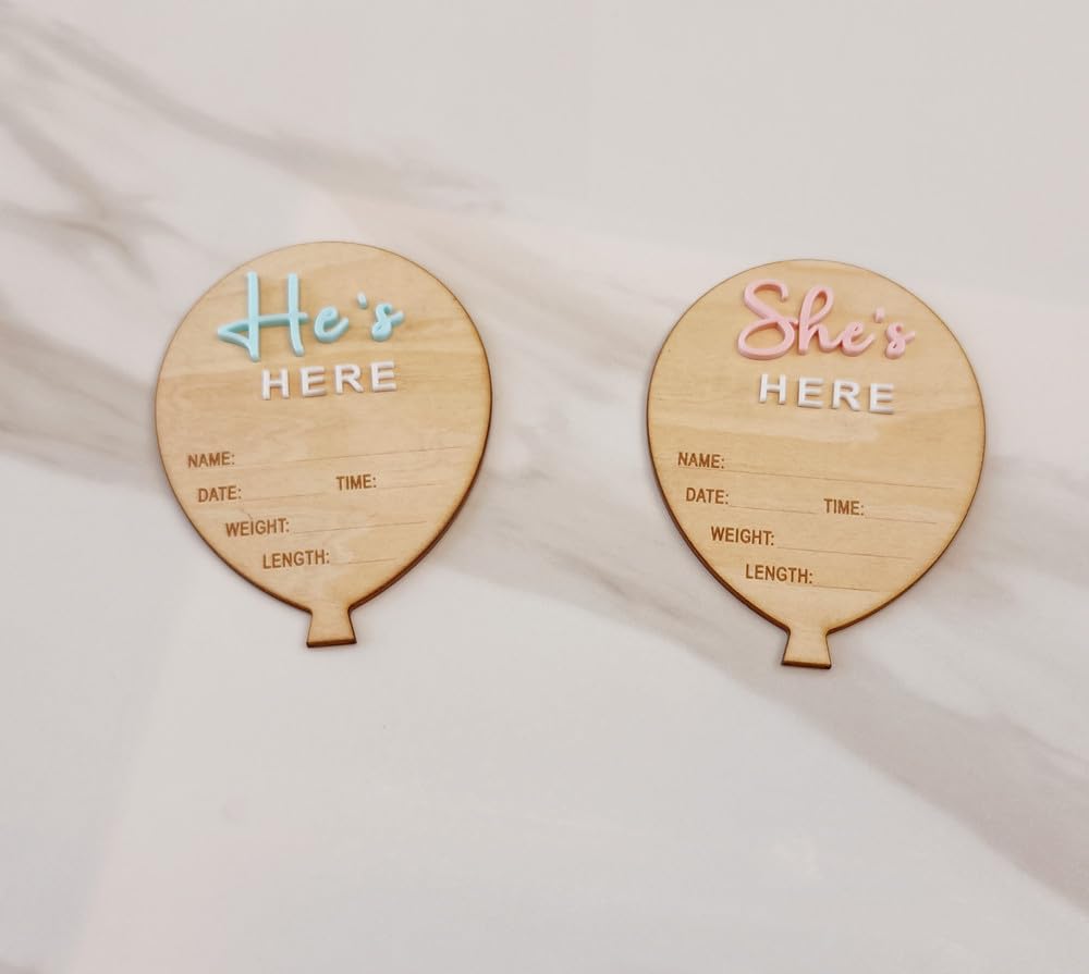 YongPan She’s Here or He's Here Newborn announcement,Wooden Balloon-Shaped Birth Stat Plaques,Baby Announcement Signs for Newborns (Hot Balloon)