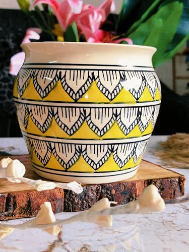 Image of Niyara Ceramic planters pots for Indoor Outdoor Home, Garden Office Decor Balcony Planters Gamla Flower Size Small 6 inches (Yellow Handpainted)
