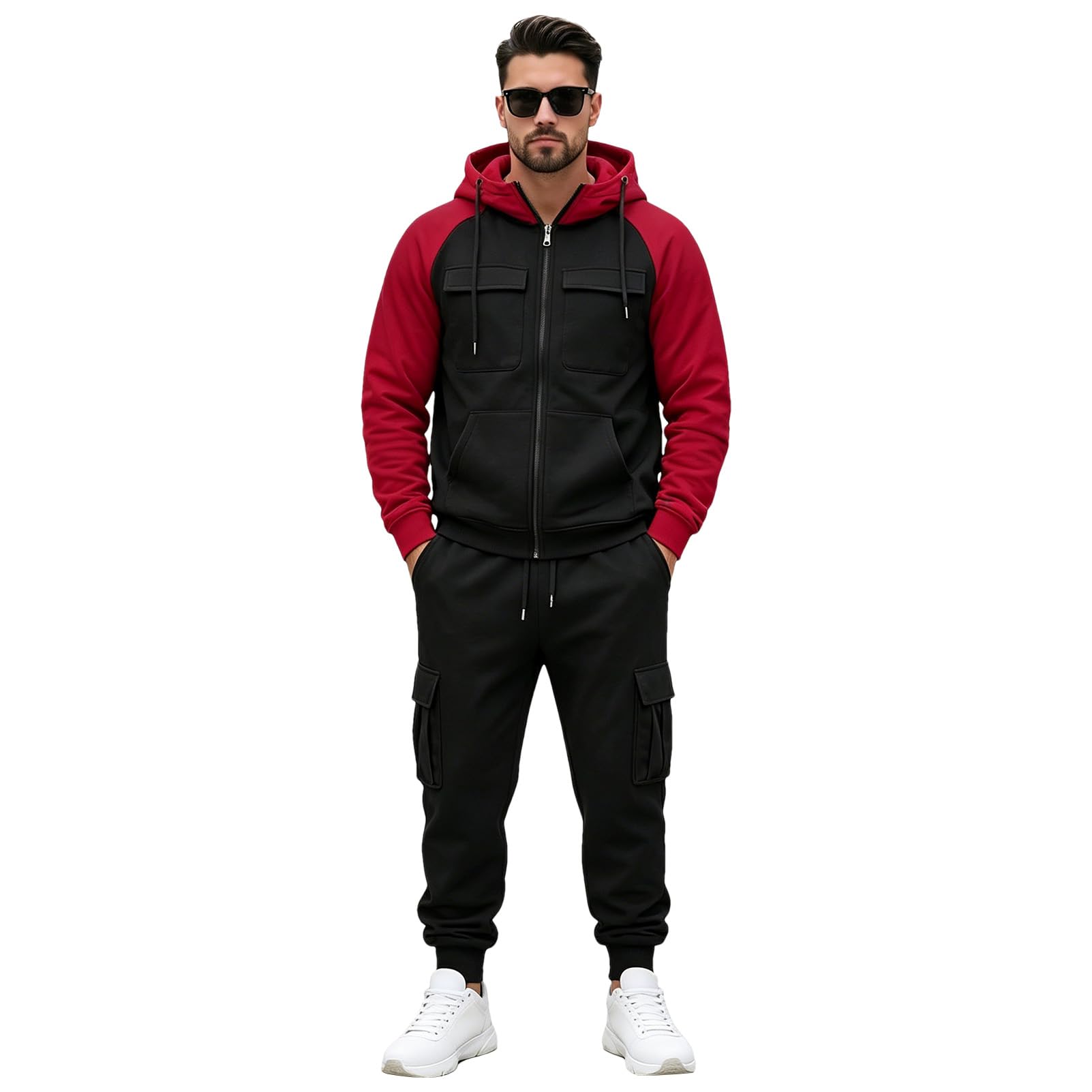 amropi Tute da Ginnastica Uomo Maniche Lunghe Giacca con Cappuccio Cerniera e Cargo Jogging Pantaloni con Tasche Sportiva Set