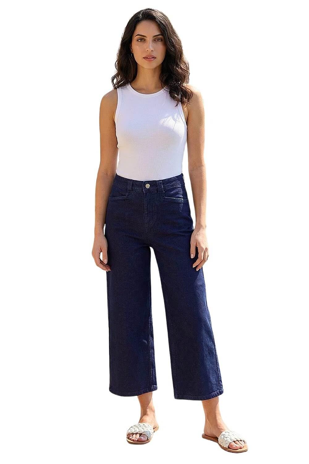 Roman Originials Denim Culottes for Women UK Ladies Cotton Cropped Trouser Wide Leg Jean Stretch Pants Capri 3/4 Length Three Quarter Summer Loose Casual Spring - Plain Indigo - Size 16