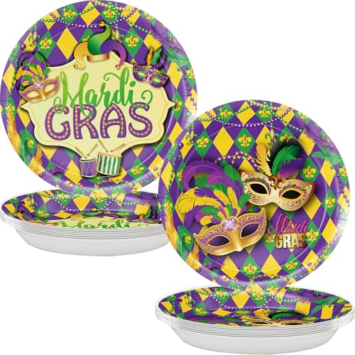 Pezutoi Mardi Gras Purple Gold Green Party Plates Plaid Striped Design Masquerade Mardi Gras Paper Plates for Fat Tuesday Disposable Party Supplies