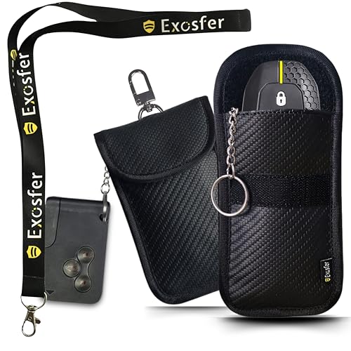 EXOSFER – Antirrobo Coche: Pack 2 Bolsas Faraday Carbone (1 Small + 1 Medium) + 1 Cordón para el Cuello (Lanyard) | Protección Llave Manos Libres, Telepeaje | Funda Antipirataje con Bloqueo RFID