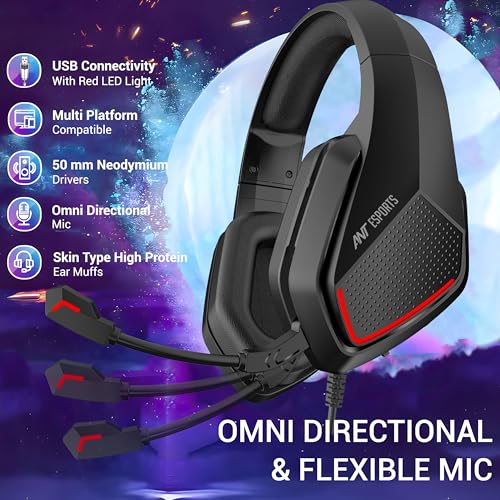 Image of Ant Esports H590 7.1 Surround Sound Gaming Headset, USB Wired Over-Ear Headphones with 50mm Drivers, Noise Cancelling Mic, Red LED, Soft Earmuffs, for PC, PS5, Xbox, Laptop