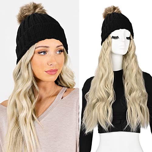 Beanie Hat Wig,Knit Hat with Hair for Women, LONAI Black Knit Hat Wig with 18" Blonde Long Wavy Hair Extension for Winte