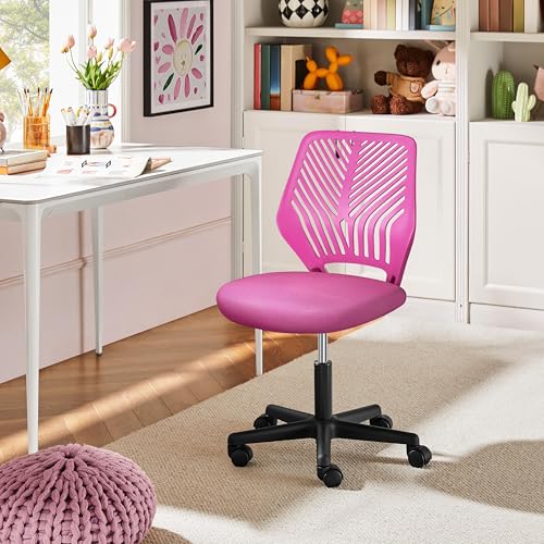 Image of Yaheetech Small Desk Chair, Armless Adjustable Swivel Seat, Rose Red | Padded mesh seat and ventilated resin back, compact armless frame rolls and adjusts for study and small desks, holds 300 lb.