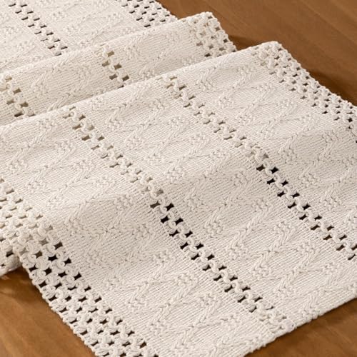 Image of MLMC Ivory Boho Table Runner Farmhouse Macrame Woven Table Runner 72 inch Long Rustic Cotton Linen Blend Table Decor for Dinning Kitchen Wedding Bridal Shower Eveyrday Use 12x72 Inch