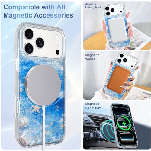 Image of AIGOMARA Cute Case for iPhone 17 Pro Max Case for Women Girls [Compatible with Magsafe] Translucent Sea Pattern Design, Aesthetic Girly Summer Magnetic Protective Phone Cover, Ocean Blue