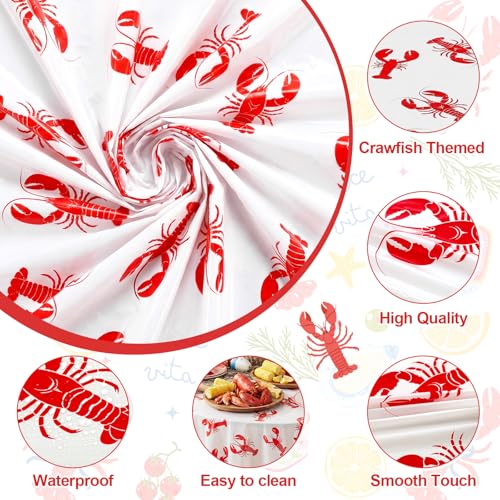 Image of Hahafelt 6 Pcs Crawfish Plastic Tablecloth 84 Inch White and Red Round Disposable Lobster Table Cover Circular Seafood Crayfish Table Cloth for Crawfish Boil Party BBQ Kitchen Decoration