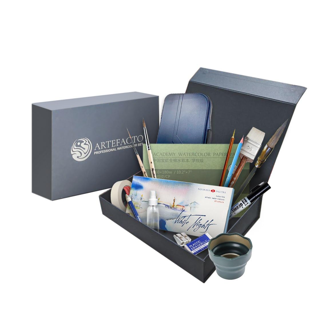 Artefacto Professioneller Aquarellfarben Set, White Nights 24x Aquarellfarben in Tuben, Roubloff Pinsel, 20x Blätter 300 g/m² 100% Baumwolle 31 x 21cm (12.2" x 8.3"), Palette und Zubehör in Magnet Box