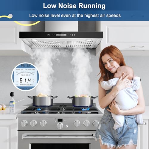 Image of Wall Mount Range Hood 30 inch 600 CFM T Shape with Gesture & Touch Control, Kitchen Vent Hood Ducted /Ductless Convertible, Exhaust Fan 3-speed Stove Hood, Baffle Grease Filter, Stainless Steel