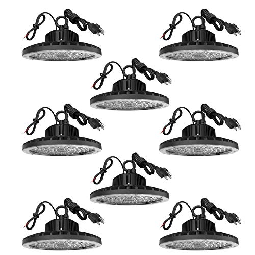 8 Pack 100W LED High Bay Light 1-10V Dimmable, 10000LM 6500K UFO LED Shop Light, 5' Cable with 110V US Plug Commercial Lighting IP65 Lowbay Area Lighting Fixture for Garage Workshop Warehouse Factory