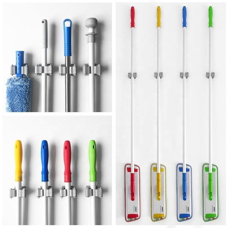 Image of STAR WORK Heavy-Duty Space Aluminum Wall Mop & Broom Holder, Waterproof Organizer with Dual Non-Slip Grips and Utility Hooks, No-Drill Adhesive Mount for Kitchen, Bathroom. (SMALL MOP HOLDER)