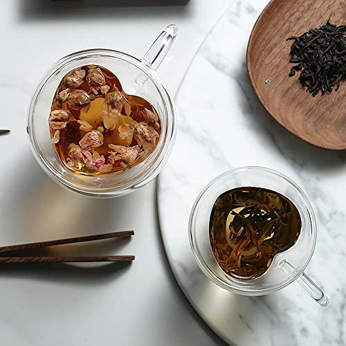 Image of ANKUL Heart Shaped Transparent Double Walled Insulated Glass Pack Of 2 Coffee Mugs Or Tea Cups With Unique Handle (Heart Cup, 2), 250 ml