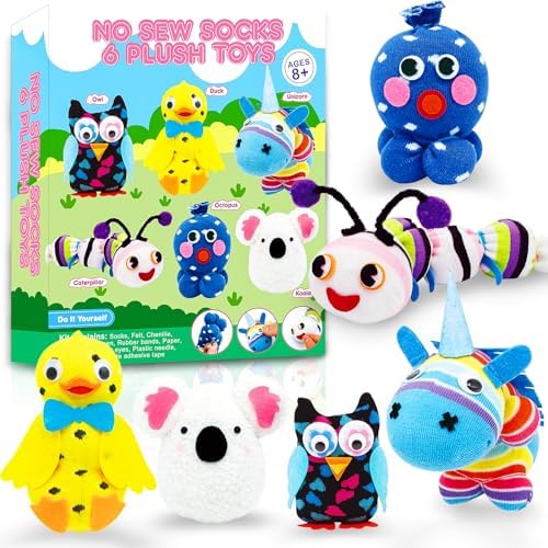 HKKYO Sewing Kit for Kids, Arts and Crafts for Kids Ages 8-12, Create 6 Cute Plush Toys with Sock, Make Your Own Stuffed Animal Kit, Sew Sock Craft Kit, Kids Crafts for Girl Boys