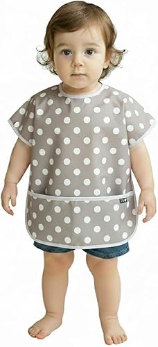 Short Sleeve Waterproof Bib for Toddlers – Easy Clean Feeding Apron for Mealtime, Daycare, Self-Feeding, Lightweight Gris (Gray Dot)