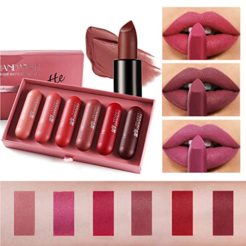 Niceface 6 Colors Matte Velvet Retro Lipstick Set, Waterproof Long Lasting Non-Stick Cup Not Fade Durable Nude Lip Gloss Makeup Set For Women Gift (Set B) #TOP3