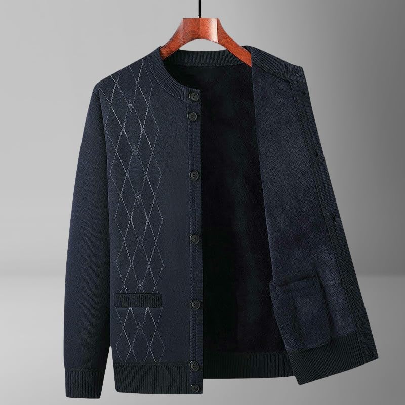 Autumn Winter Men's Fleece Lined Round Neck Warm Button Thick Knit Cardigan4