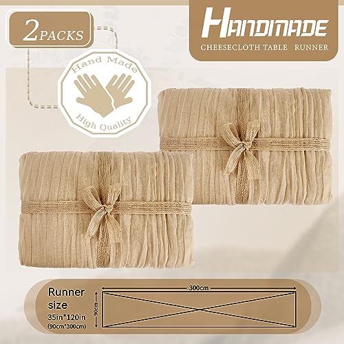YMHPRIDE 2 Packs Cheesecloth Table Runner Beige, 90x300cm Light Brown Rustic Gauze Fabric Boho Table Runner - Image 3