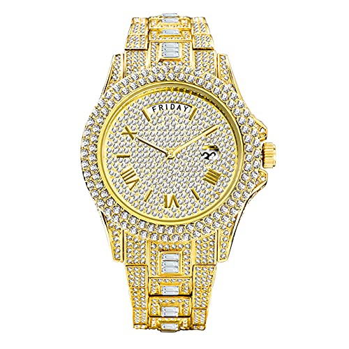 ICEDIAMOND 43MM Vollzircon-Labor-Diamant-Armbanduhr, Datum Wochenkalenderanzeige Business Quarzuhr für Herren (Gold)