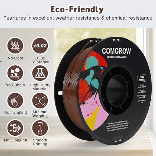 Image of Comgrow PETG 3D Printer Filament 1.75mm, High Precision and Tough 3D Printer Filament 1kg (2.2LBS), Dimensional Accuracy + /- 0.02 mm, Fit Most 3D Printers Coffee