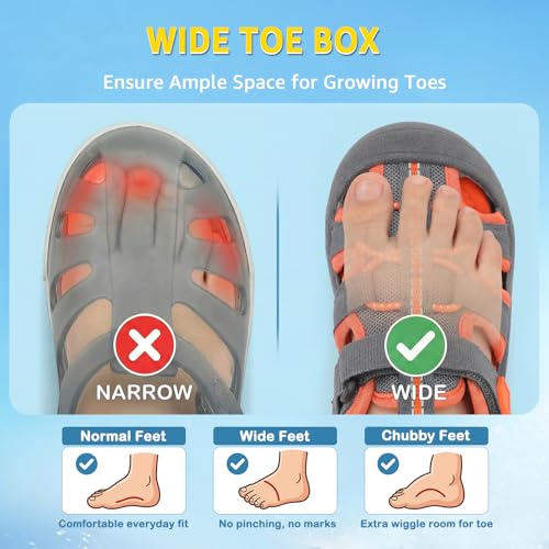 Image of Wide Toe Box Toddler Sandals Water Shoes Boys Girls Quick Dry Summer Beach | Non Slip Sole, Flexible, Machine Washable, Easy to Clean, Breathable, Adjustable Hook and Loop, Closed-toe for Outdoor & Pool