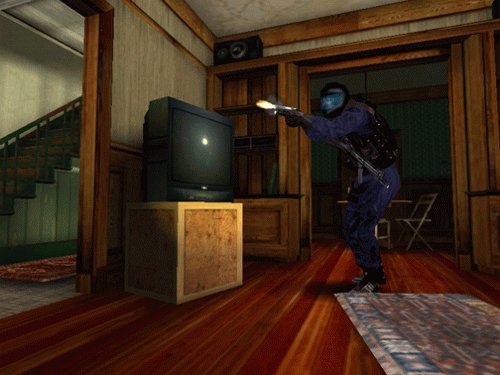 SWAT officer aiming at a television in a room