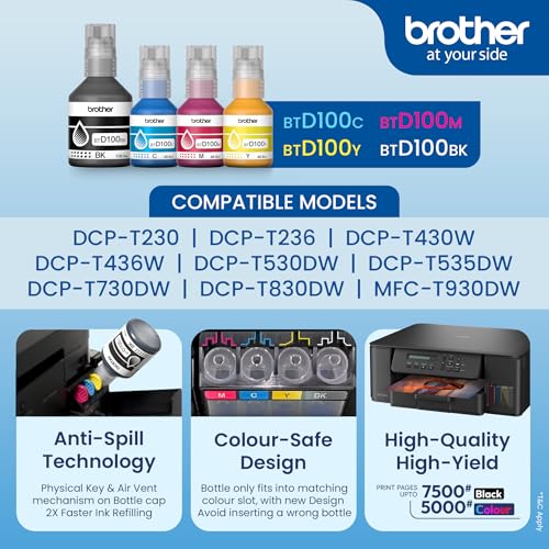 Image of Brother Genuine BTD100Y High Yield Yellow Ink Bottle, 5000 Page Yield Compatible for Brother DCP-T236, DCP-T230, DCP-T436W, DCP-T430W, DCP-T535DW, DCP-T530DW, DCP-T730DW, DCP-T830DW, MFC-T930DW