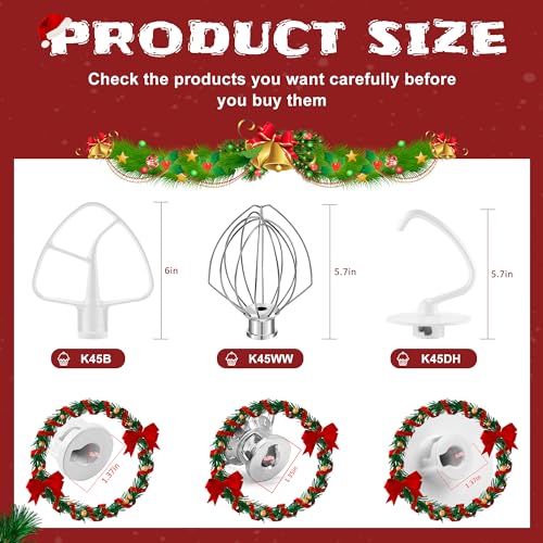 Kitchen Mixers Accessories 3-Piece Including K45DH Dough Hook&K45B Coated Flat Blade Paddle&K45WW Wire Whip for 4.5 QT Kitchen Tilt-Head Stand Mixer Attachments by Sikawai