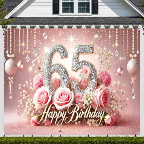 Image of Nuxovilar 65th Birthday Banner - Elegant Pink & Gold Floral Backdrop