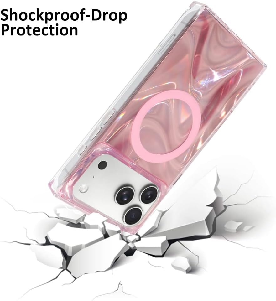 LSL Case for iPhone 17 Pro [Compatible with MagSafe] Sparkle Laser Design Soft TPU Buper Hard PC Shockproof Anti-Drop Protective Slim Magnetic Iridescent Rectangle Cover - Pink