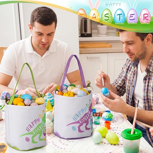 Image of 6 Pcs Canvas Easter Basket with Handle Dinosaur Bucket Bags Bulk Fabric Eggs Hunt Totes for Party Supplies Easter Candy Gifts Storage Favors