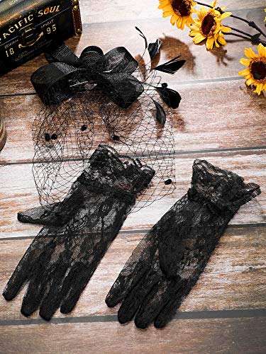Bowknot Fascinator Hat Feathers Veil Mesh Headband and Short Lace Gloves Floral Lace Gloves (Black) steampunk buy now online Bowknot Fascinator Hat Feathers Veil Mesh Headband and Short Lace Gloves Floral Lace Gloves (Black) steampunk buy now online